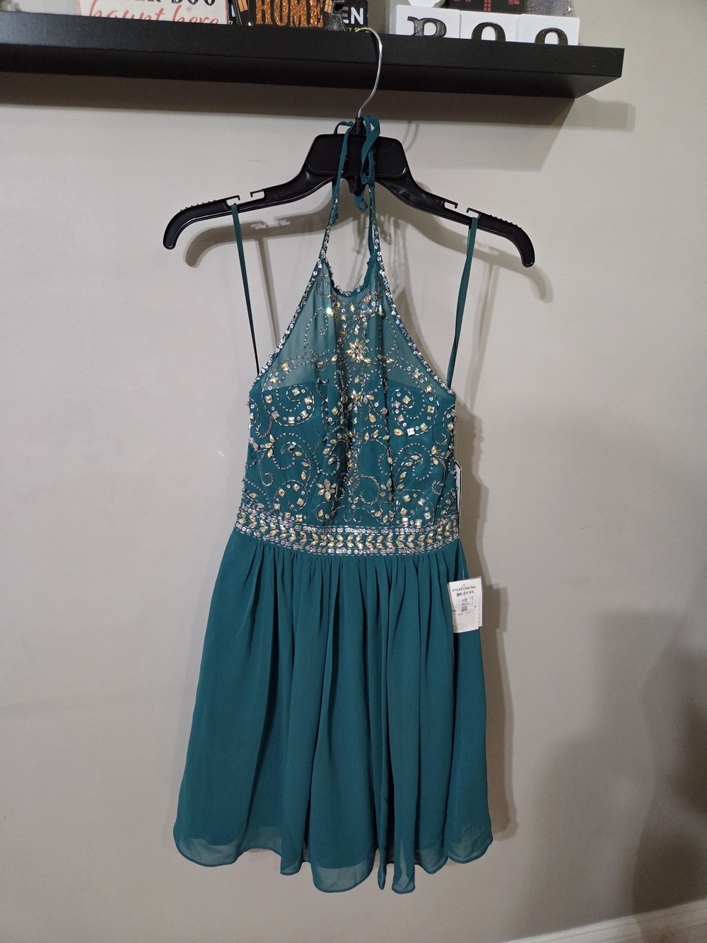 B Darlin Teal Beaded Halter Prom Dress